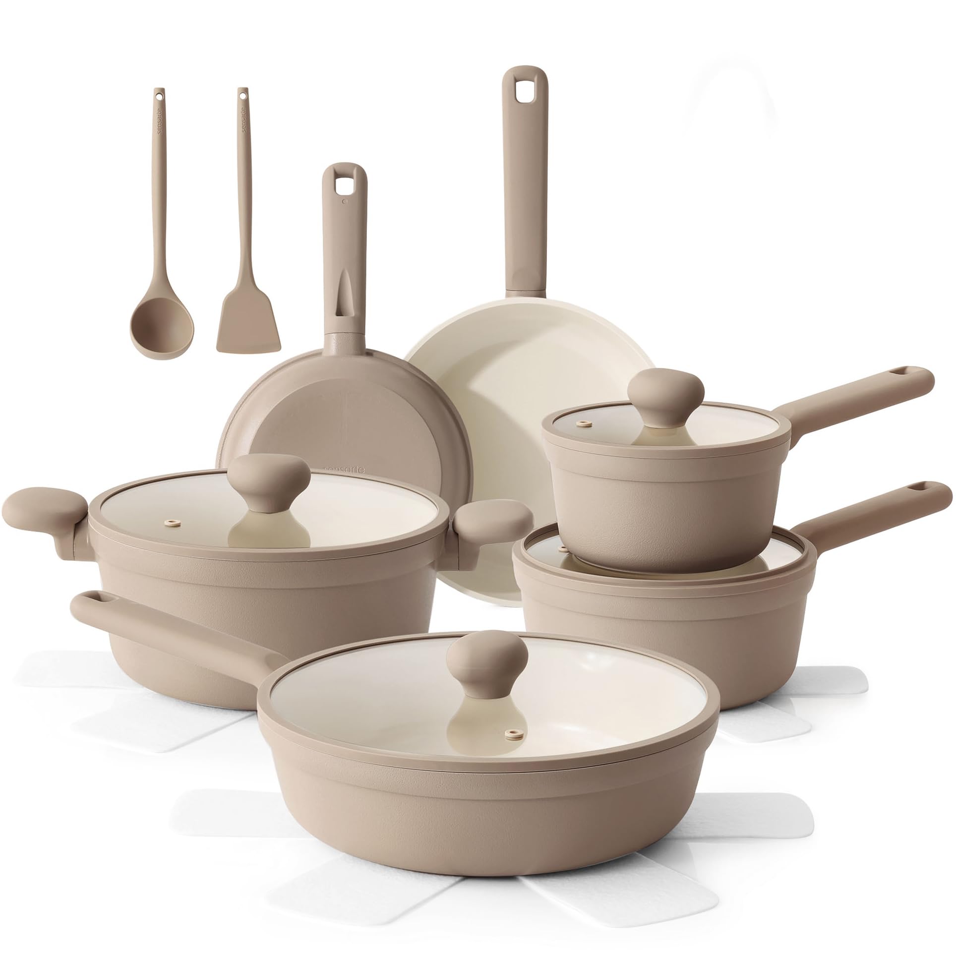 SENSARTE Ceramic Nonstick Pots and Pans Set 17pcs Taupe