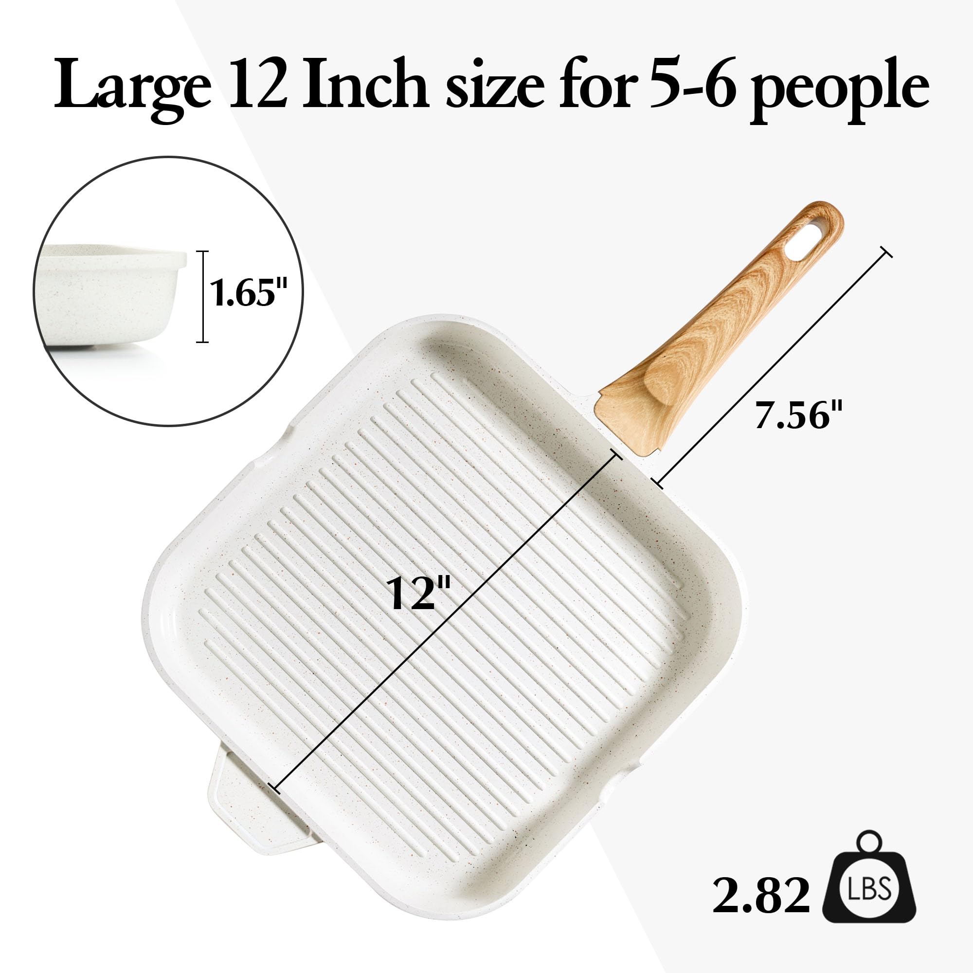 SENSARTE Nonstick Ceramic Grill Pan for Stove Tops, Square Grilling Pan with Pour Spouts, Non Toxic Durable Grill Skillet for All Stoves(Gas,Electric,Induction) PTFE,PFAS,PFOA Free, 12Inch (White)