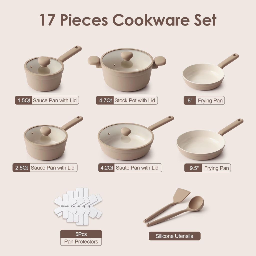 SENSARTE Ceramic Nonstick Pots and Pans Set 17pcs Taupe