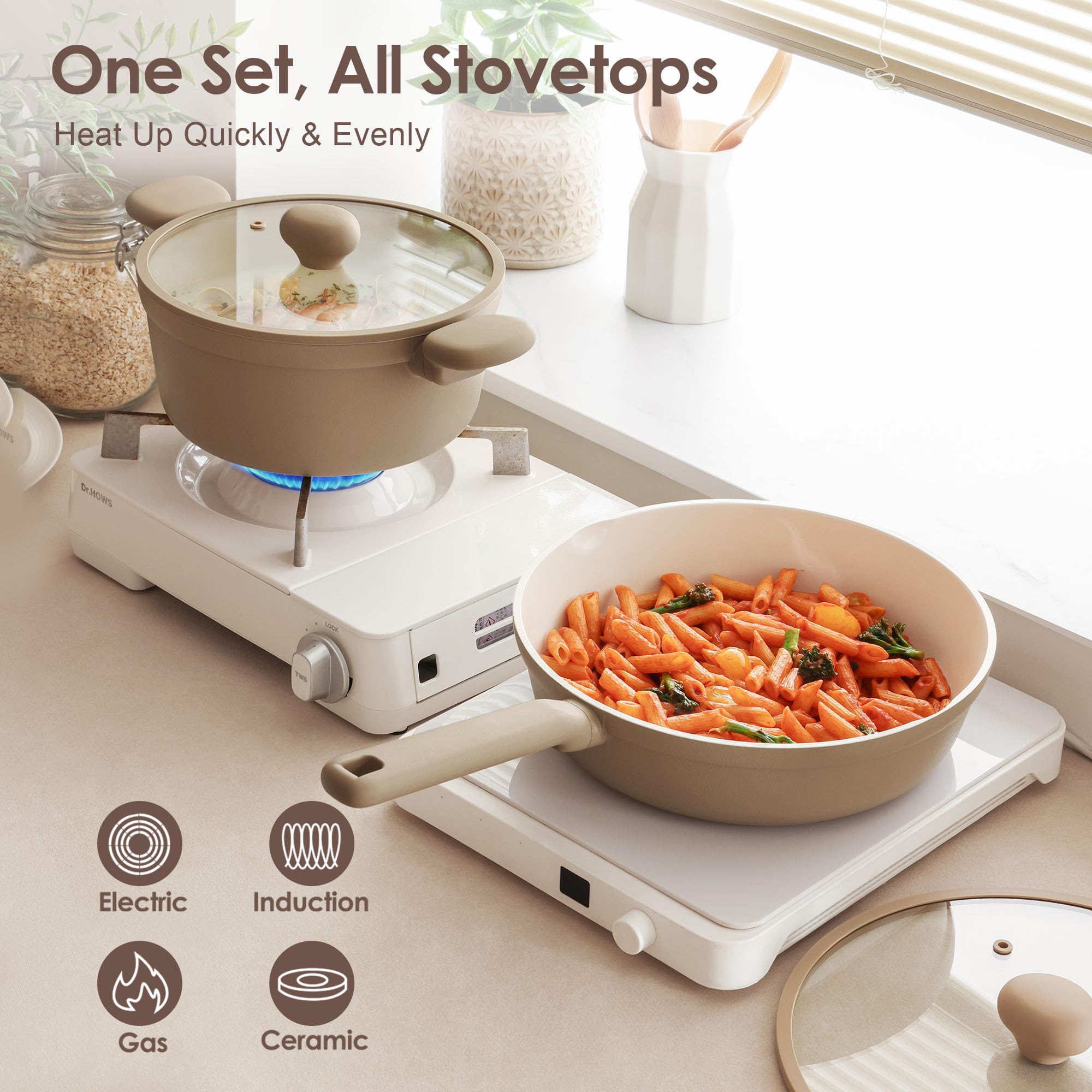 SENSARTE Ceramic Nonstick Pots and Pans Set 17pcs Taupe