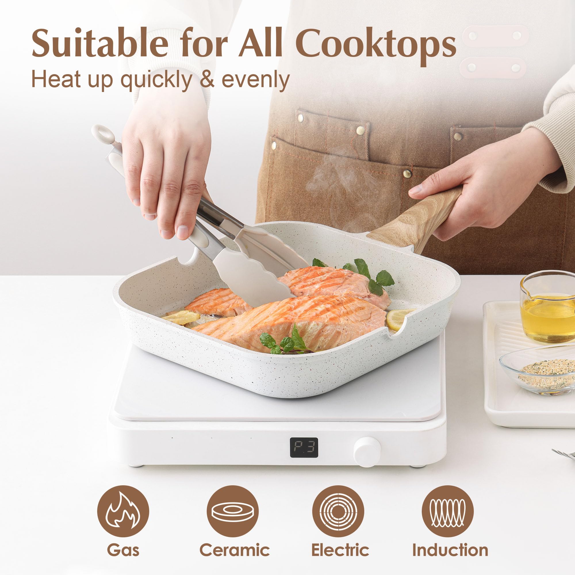 SENSARTE Nonstick Ceramic Grill Pan for Stove Tops, Square Grilling Pan with Pour Spouts, Non Toxic Durable Grill Skillet for All Stoves(Gas,Electric,Induction) PTFE,PFAS,PFOA Free, 12Inch (White)